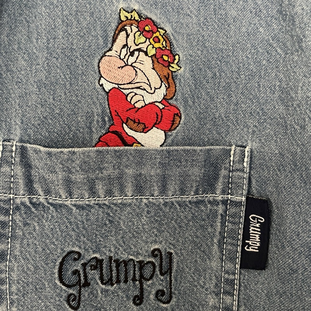 Vintage 90s Disney Embroidered Denim Shirt Grumpy Wearing Flower‎ Crown M